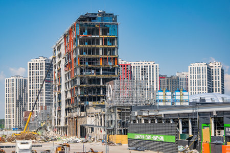 KYIV, UKRAINE - 10.06.2022. Ruins of Retroville shopping mall civilian facility after a missile...