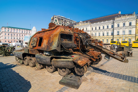 Captured russian self-propelled artillery destroyed during Russian invasion of Ukraine in 2022. Downtown of Kyiv, Ukraine.のeditorial素材