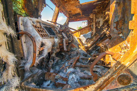 Cab of destroyed russian military armored car during Russian invasion of Ukraine in 2022. Downtown of Kyiv, Ukraine.のeditorial素材