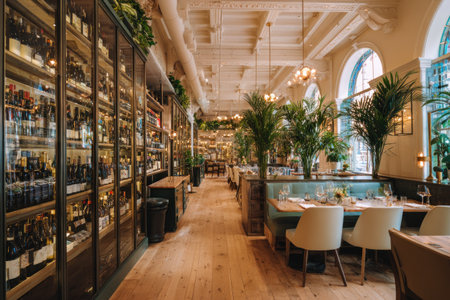 An interior showcases a well-lit restaurant with a focus on dining and wine. Tall glass cabinets display numerous wine bottles. The scene includes dining tables, chairs, and decorative plants. Soft lighting complements the overall aesthetic, suggesting a day setting. Suitable for culinary, hospitality, or lifestyle commercial projects.の素材