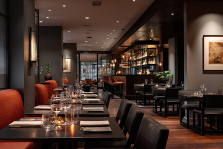 A stylish restaurant interior showcases tables set for guests, illuminated by soft, warm lighting. Red seating contrasts against dark walls and polished wood flooring. The space hints at a sophisticated dining experience, with glassware and decor creating an inviting atmosphere suitable for advertising or editorial use.の素材