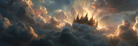 An illustrated image features a castle structure seemingly floating among layers of billowing clouds. The composition displays warm sunlight illuminating the scene creating a contrast of light and shadow. The scene creates a magical atmosphere suitable for imaginative concepts, digital art projects and artistic designs.の素材