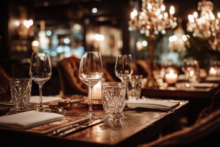 A close-up showcases a restaurant table prepared for dining. Various stemmed glasses, tumblers, and silverware are arranged on a wooden surface. The setting features warm, ambient lighting and a soft focus, creating a sophisticated atmosphere. This scene may be suitable for illustrating hospitality, fine dining, or lifestyle concepts.の素材