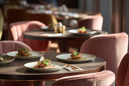 A restaurant scene features multiple tables set with dishes of food, surrounded by pink chairs. The composition showcases a well-lit interior with soft, diffused lighting. The overall aesthetic is modern, with focus on textures and colors, suitable for dining themes. This image can be used for commercial and editorial purposes.の素材