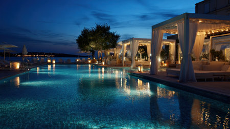 A nighttime scene features a tranquil swimming pool reflecting soft light from surrounding structures and decorative lanterns. The composition showcases several cabanas with draped fabric. The overall aesthetic highlights a serene atmosphere, potentially suitable for commercial projects focused on relaxation and luxury, or editorial content.の素材