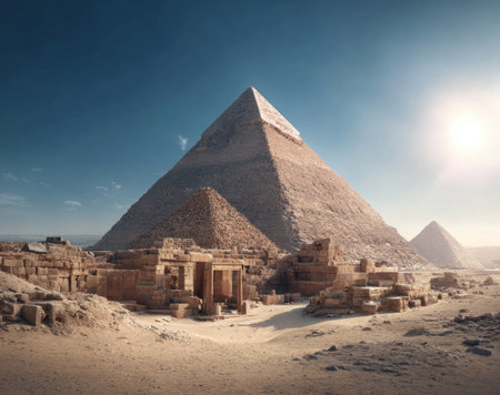 An image features the Great Pyramid of Giza, showcasing its massive stone structure amidst other buildings and desert terrain. The composition highlights ancient architecture under a bright, cloudless sky with sunlight. The picture could be used for educational materials or travel-related publications.の素材