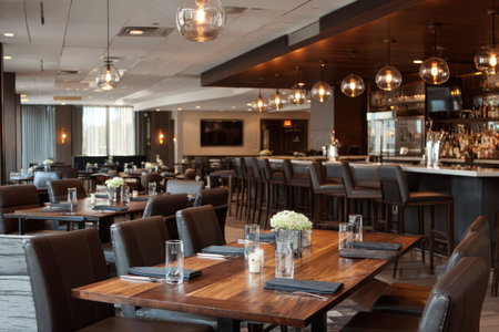 An interior view showcases a restaurant dining area featuring wooden tables and chairs. The scene is illuminated by various modern light fixtures. The setting implies an upscale environment suitable for dining. This image could be used for promotional materials, hospitality websites, or editorial features related to interior design.の素材
