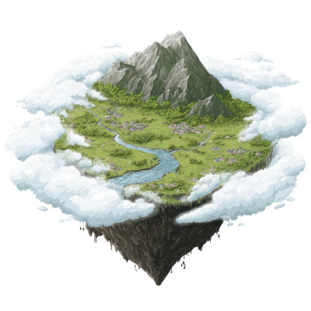 An illustration depicts a fantasy floating island with a mountain, river, and lush green areas. The composition uses overhead perspective, featuring white fluffy clouds. The overall style suggests a concept for fantasy, nature, or environmental themes. The image could be used in editorial and commercial projects.の素材