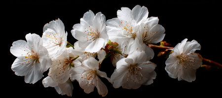 This image showcases delicate white flowers in full bloom, set against a stark black backdrop. The composition highlights the intricate details of the petals and the natural textures of the plant. The lighting creates a dramatic effect, emphasizing the soft colors and overall floral elegance, perfect for various commercial and editorial applications.の素材