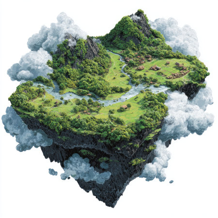 A vibrant illustration depicts a floating island scene, abundant with greenery, including forests and meadows. The composition showcases a detailed rendering of a rocky terrain with flowing water. The image is surrounded by white fluffy clouds, suggesting a fantasy environment. Suitable for various editorial and commercial projects.の素材