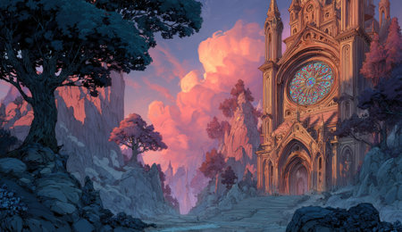 An illustration presents a majestic castle set within a surreal landscape under a dynamic sky. The artwork features a rich palette of purples, pinks, and blues, with soft textures and dramatic lighting. This image would be suitable for use in fantasy art, book covers, or creative projects.の素材