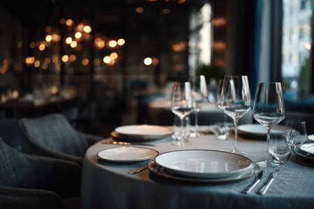 A table is set with plates, glasses, and silverware in a restaurant setting. The image showcases a soft focus effect with warm lighting. It highlights a sophisticated arrangement, suggesting an atmosphere suitable for dining and special occasions. The setting offers potential for commercial and editorial purposes.の素材