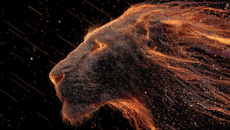 A majestic lion profile is rendered with fiery particles, showcasing an intense orange and yellow color palette. The dynamic composition has a dark backdrop, creating contrast. The imageの素材
