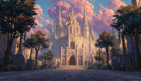 A majestic castle dominates the scene, featuring numerous spires against a backdrop of swirling, colorful clouds. The illustration uses a soft, painterly style. Sunlight bathes the scene, highlighting the castle's architecture and the surrounding trees. Suitable for various uses, including digital art and editorial projects.の素材