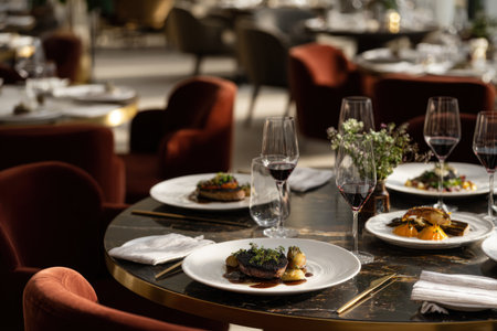 A restaurant table is set for a formal dinner. Plates of food, glasses of wine, and fresh flowers are arranged on a round table. The composition features a soft focus with warm tones and gentle lighting. Suitable for illustrating concepts of gastronomy, events, or luxury experiences.の素材