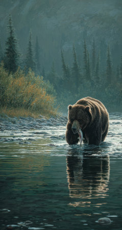 A grizzly bear is depicted wading through a body of water, likely a river or lake. Its brown fur contrasts with the cool blues and greens of the water and surrounding forest. The image is likely taken during daylight, with soft lighting. The composition may be suitable for nature, wildlife, or environmental content.の素材