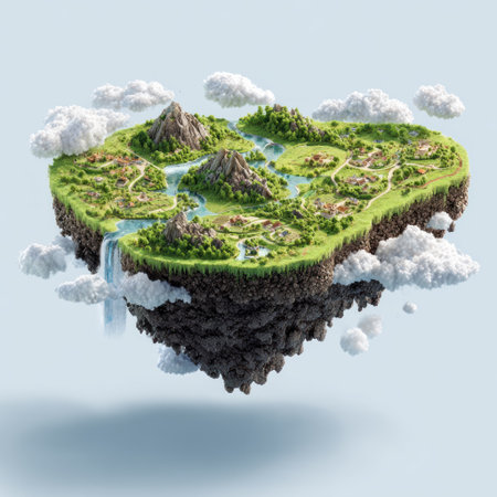 An isolated, fantasy island floats amid clouds, featuring a green landscape with mountains, bodies of water, and waterfalls. The image showcases vibrant colors, detailed textures, and overhead lighting. Suitable for creative design, marketing materials, or general illustrative purposes, it offers copy space for various editorial uses.の素材