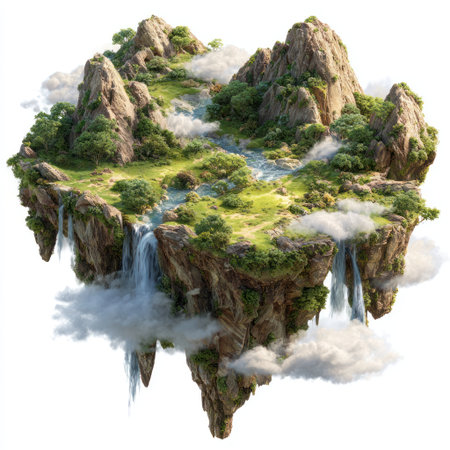 An isolated image presents a fantasy island scene, floating against a white backdrop. Lush green vegetation covers rugged mountains and cliffs. Waterfalls cascade into fluffy white clouds. The composition, featuring a detailed, illuminated style, offers a variety of applications for illustrative projects and concept art.の素材