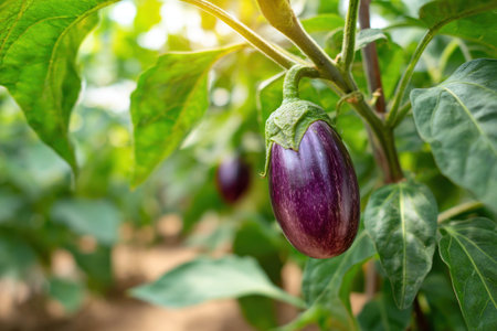 A close-up image presents a vibrant purple eggplant hanging from its stem amidst lush green leaves. The natural composition is bathed in sunlight, which creates a warm, inviting atmosphere. It is suitable for various uses such as illustrations, advertising, and articles about healthy foods.の素材