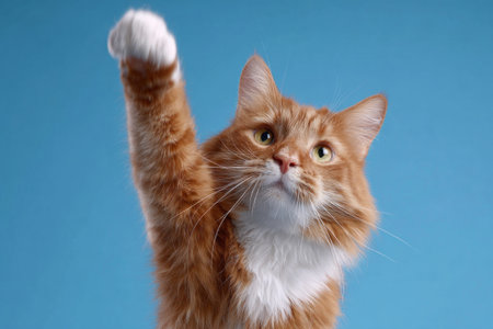 A ginger cat with white accents raises a paw in a studio shot. The animal has long fur and a curious expression. The composition is simple with a solid blue background. This image is suitable for various projects, including advertising and design applications.の素材