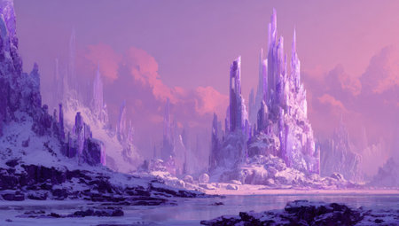 A digital illustration showcases a fantasy landscape. Towering, crystalline structures dominate the scene, bathed in a soft, purple glow. The composition features a balance between detailed forms and a dreamy atmosphere. The visual style suggests potential use in artistic projects, digital art, or fantasy-themed publications.の素材