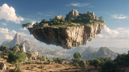 A majestic floating island dominates the scene above a vast mountain range. Lush green vegetation covers the islandの素材