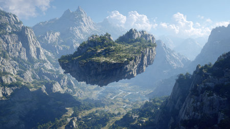 A detailed landscape features a floating island amidst a vast mountain range. The visual displays muted blues and greens, creating a sense of depth and scale. The image is likely intended for digital art, illustration, or conceptual purposes. It may be utilized for various commercial applications such as advertising or editorial content.の素材