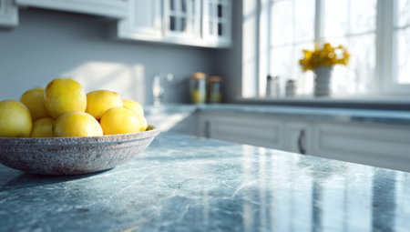 A close-up shows a bowl of bright yellow lemons on a textured countertop. The composition highlights the fruit against a blurred kitchen backdrop with a window letting in natural light. The image conveys a clean, inviting atmosphere suitable for culinary, lifestyle, or editorial projects.の素材