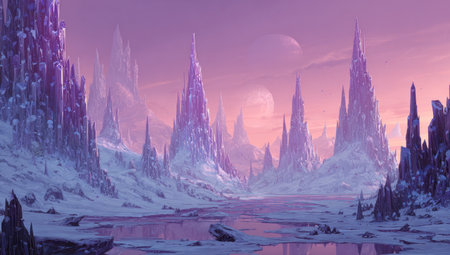 A fantastical landscape showcases towering, sharp-edged structures under a twilight sky. Dominated by cool tones, the image employs a soft, diffused lighting scheme. Its composition suggests a surreal, otherworldly environment. This artwork could be used in various editorial and design contexts, lending itself to a sense of wonder.の素材