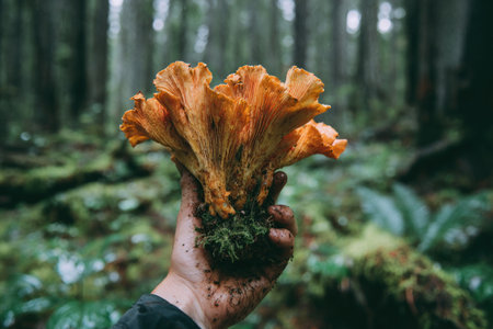 A hand holds a large, golden mushroom against a blurred, green forest background. The mushroom displays a textured, ruffled appearance, contrasting with the hand's rough, earthy quality. The overall composition suggests a natural environment, perhaps used for culinary inspiration or environmental documentation.の素材