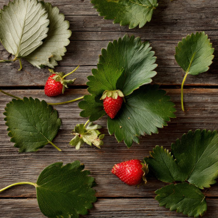 Several ripe red strawberries rest amidst vibrant green leaves on a weathered wooden surface. The overhead composition showcases natural textures and colors, potentially suggesting an outdoor or rustic setting. This image could be used in various commercial projects for food-related products, illustrating healthy eating or agricultural themes.の素材