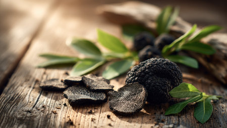 A close-up showcases fresh truffles, leaves, and truffle slices artfully arranged on a rustic wooden surface. The composition features natural light illuminating the dark truffles and bright green leaves. This image's textural details and earthy tones suggest potential use in culinary publications, food blogs, or advertising campaigns.の素材
