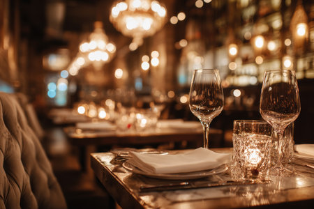 The photograph presents a close-up view of a restaurant table meticulously set for a special occasion. The scene is bathed in a warm, inviting light, with a shallow depth of field that accentuates the wine glasses and candle. The composition showcases a sophisticated ambiance, suitable for diverse commercial and editorial purposes.の素材