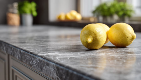 Two ripe lemons rest on a textured countertop, bathed in soft, diffused light. The shallow depth of field blurs the background, revealing hints of greenery and kitchen elements. The image suggests a clean, modern kitchen setting, suitable for culinary, lifestyle, or food-related commercial applications.の素材