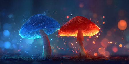 Two stylized mushrooms in a digital artwork are displayed with vibrant colors. One mushroom glows blue, the other red, set against a dark background with bokeh effects. The composition uses light and shadow. This image could be suitable for various creative applications, including design and illustration.の素材