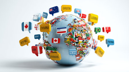 A colorful illustration presents a globe surrounded by speech bubbles, each displaying a flag and a word. The composition features a white background, suggesting a neutral studio setting. This image conveys themes of global communication, language learning, and international cooperation, suitable for various commercial and educational purposes.の素材