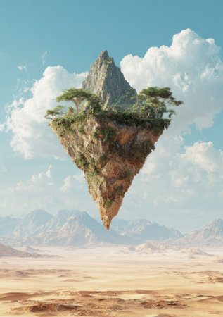 An illustration depicts a floating mountain in a clear, sunny sky. The mountain features a rocky texture with patches of green trees. A desert landscape is visible below. This image may be suitable for use in concept art, fantasy illustrations, or other creative projects needing a unique visual.の素材