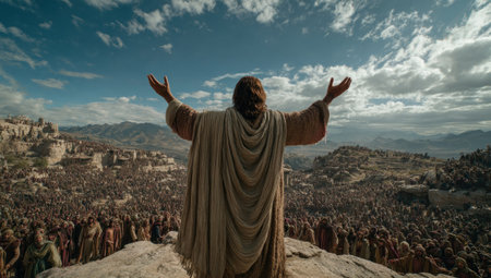 A figure with arms raised stands on a rocky peak, facing a large crowd. The scene is set against a background of mountains and a partly cloudy sky, with soft lighting. The image captures a moment of reverence, suitable for editorial, historical, or documentary projects.の素材