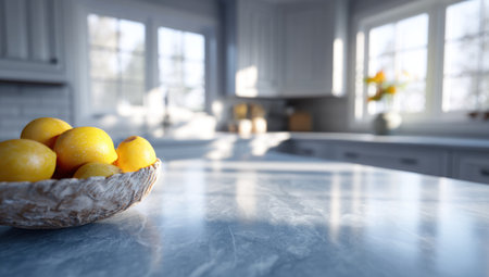 A bowl of bright yellow lemons sits on a textured, blue-gray countertop. Soft natural light streams through a window, illuminating the clean, blurred interior of a kitchen. The image presents a simple, inviting aesthetic, suitable for various commercial and editorial applications related to food, health, or interior design.の素材