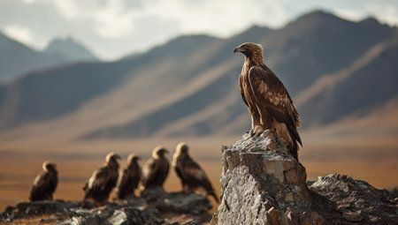A golden eagle is prominently displayed on a rock formation with several other eagles in the background. The scene is illuminated by warm sunlight, creating a sense of depth and shadow across the terrain. The photograph presents a naturalistic style and could be suitable for various commercial and editorial applications.の素材