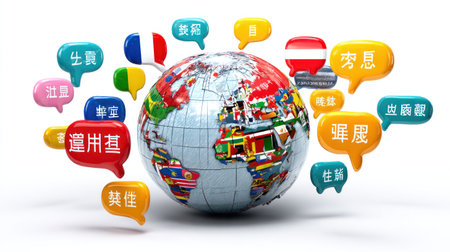 A vibrant illustration showcases a globe encircled by colorful speech bubbles. These bubbles bear flags and text, representing different languages. The image is brightly lit, likely created with digital techniques. It could be suitable for projects involving global communication, international education, or diverse cultural representation. Potential uses include educational materials and marketing content.の素材