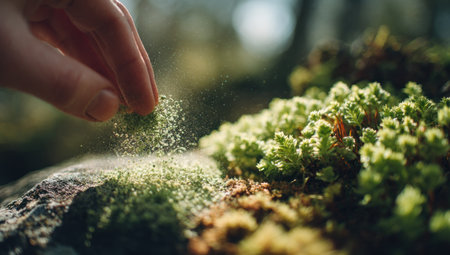 A hand gently sprinkles green moss onto a textured rock surface. The image showcases a naturalistic composition with soft, diffused lighting. The color palette features various shades of green and brown. This visual could be used in projects related to environmental themes, nature studies, or organic product promotions.の素材