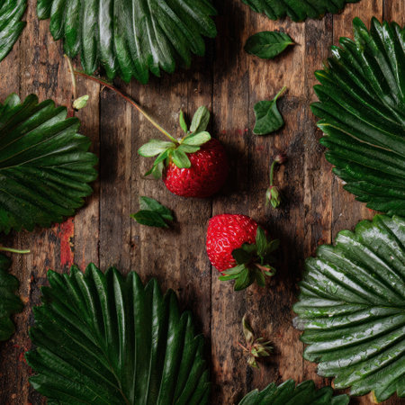 Two ripe strawberries rest on a textured wooden surface, surrounded by vibrant green leaves. The composition features an overhead perspective with natural lighting, showcasing the fruit's bright red color against the dark wood. This image could be used for various editorial or commercial purposes.の素材
