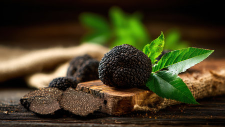 The image features fresh black truffles, some sliced, arranged on a wooden surface. Green leaves provide a visual contrast. The composition is likely staged indoors, utilizing natural lighting, creating a rustic and organic aesthetic. This image could be used for culinary or food-related commercial applications.の素材