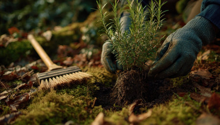 A person plants a small seedling into the earth, seen in close-up. The image features an overcast outdoor setting, with natural lighting. The scene showcases soil, roots, and gardening tools. This image is suitable for various projects needing themes of nature, agriculture, and environment.の素材