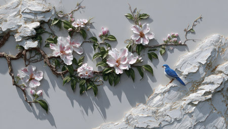 A detailed artwork showcases delicate white flowers with pinkish hues, intertwined with brown branches, set against a textured, light-colored stone background. A small blue bird perches on the rocks, adding a splash of color. This composition, with its soft lighting, could be suited for decorative prints or background elements.の素材