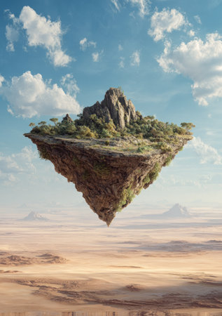 A surreal image depicts a floating island mountain, suspended in the air above a desert landscape. The mountain displays shades of brown and green, suggesting vegetation and rocky textures. The composition is set against a clear sky with fluffy clouds, suggesting a daytime environment suitable for various creative projects and illustrations.の素材