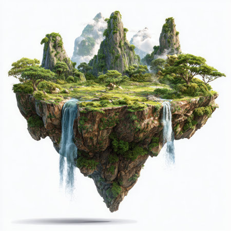 An imaginative artwork presents a stylized floating island. It features vibrant green vegetation, towering rocky formations, and cascading waterfalls. The composition is set against a clean white backdrop with overhead lighting. This image might be suitable for fantasy illustrations, conceptual designs, or promotional materials.の素材
