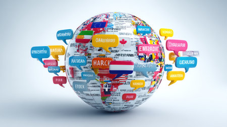 A globe is surrounded by speech bubbles representing various languages and flags. The illustration features bright colors and a clean, modern style. Soft lighting creates a balanced composition suitable for educational materials or global communication presentations. It is a versatile visual asset for diverse commercial applications.の素材