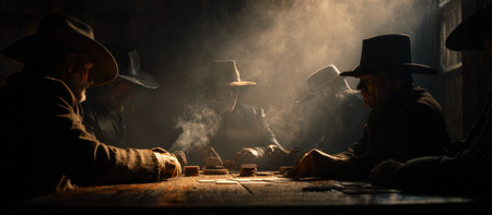 This image depicts a group of people, wearing hats, gathered around a wooden table. The composition features a low-angle perspective with strong directional lighting, creating dramatic shadows. The scene is filled with smoke. It could be used for illustrating themes of gambling, suspense, or historical storytelling.の素材